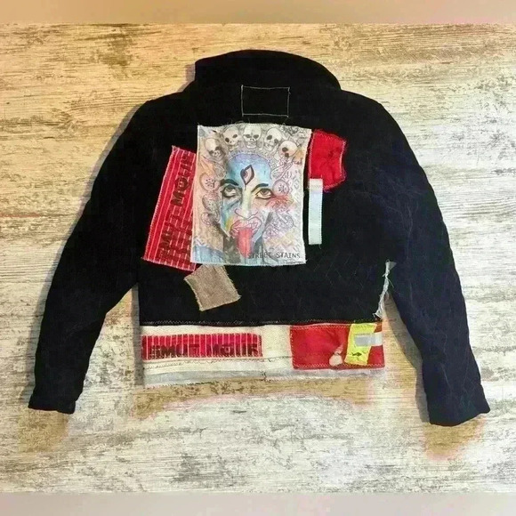 Street Stains upcycled black zip‎ up jacket with art designs women’s size medium - Picture 1 of 9